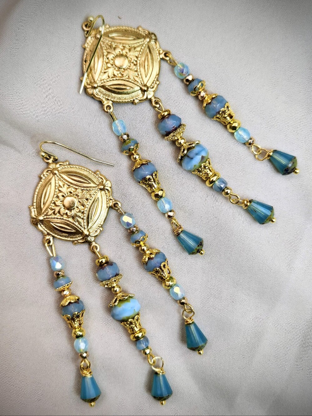 Victorian Festive Chandeliers Liquid Aqua Blue In Long Handmade Artisan Earrings